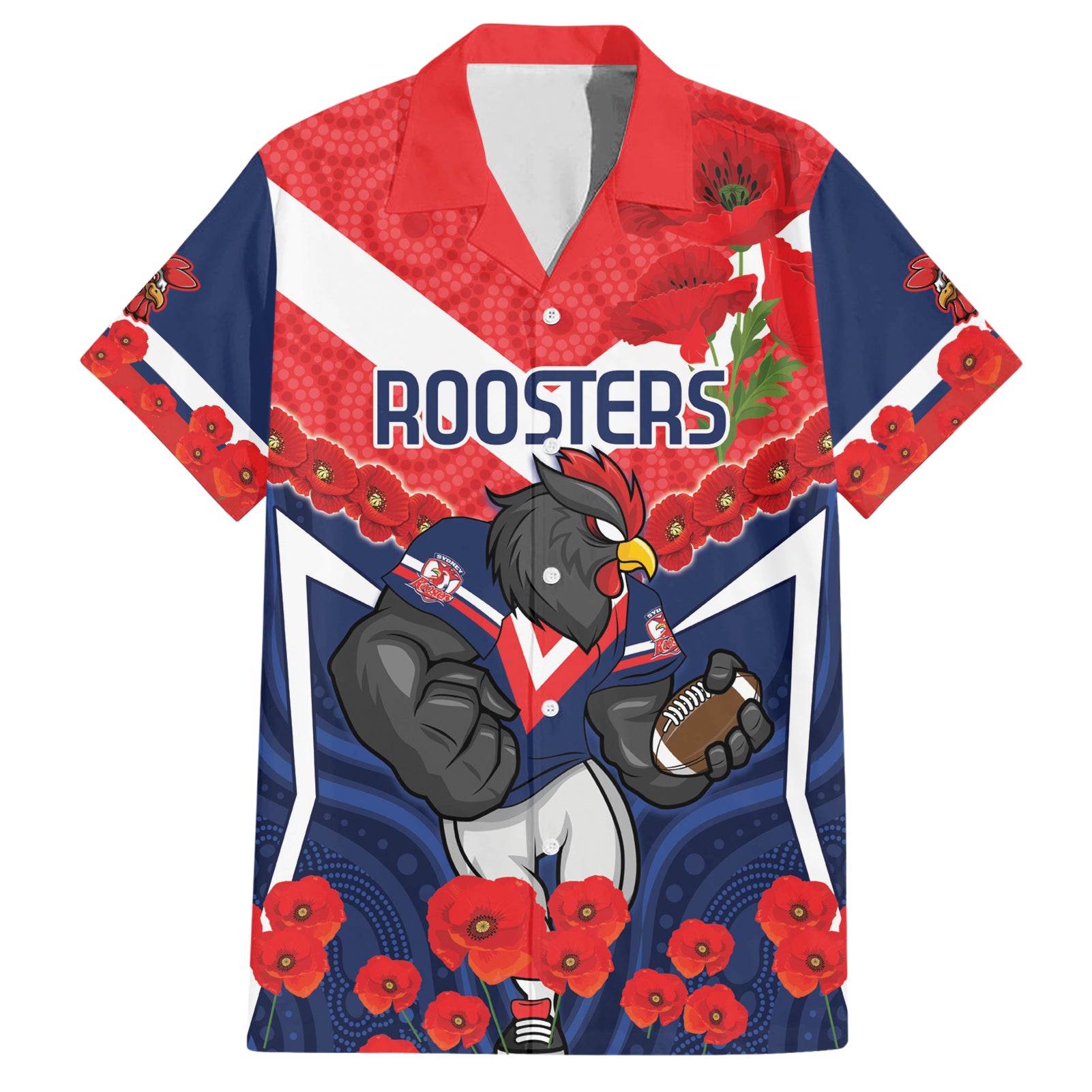 Custom Roosters Rugby ANZAC Hawaiian Shirt Sydney Gallipoli Soldier With Aboriginal Art - Vibe Hoodie Shop