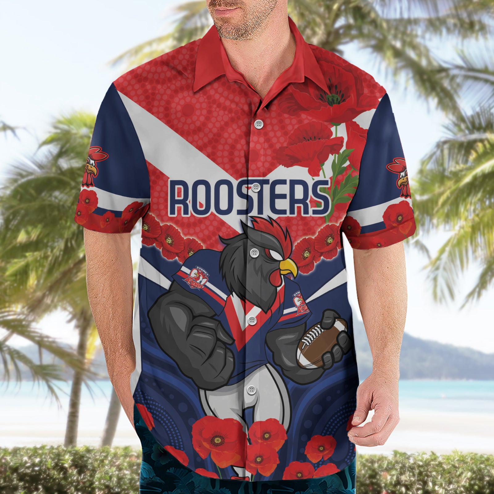 Custom Roosters Rugby ANZAC Hawaiian Shirt Sydney Gallipoli Soldier With Aboriginal Art - Vibe Hoodie Shop