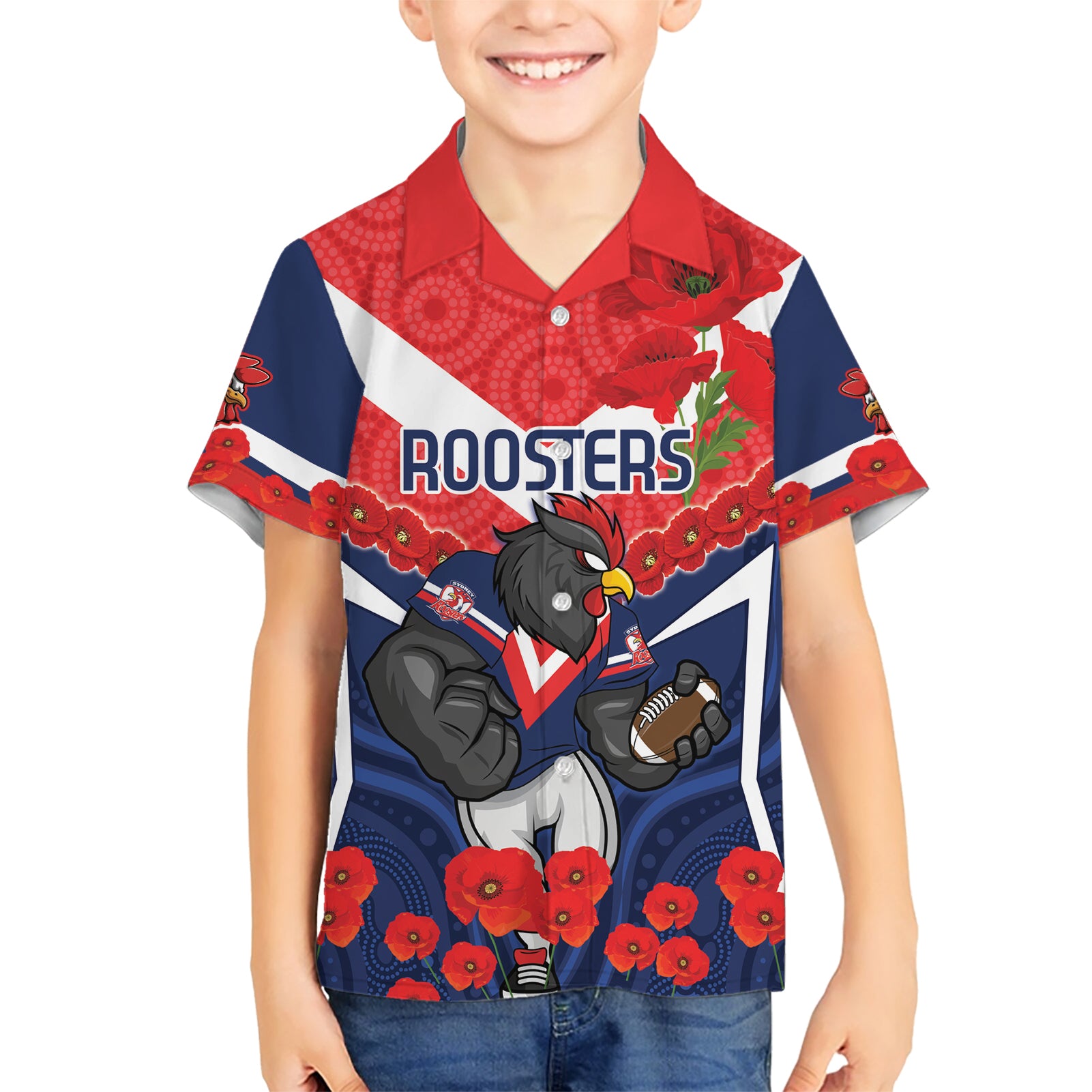 Custom Roosters Rugby ANZAC Hawaiian Shirt Sydney Gallipoli Soldier With Aboriginal Art - Vibe Hoodie Shop