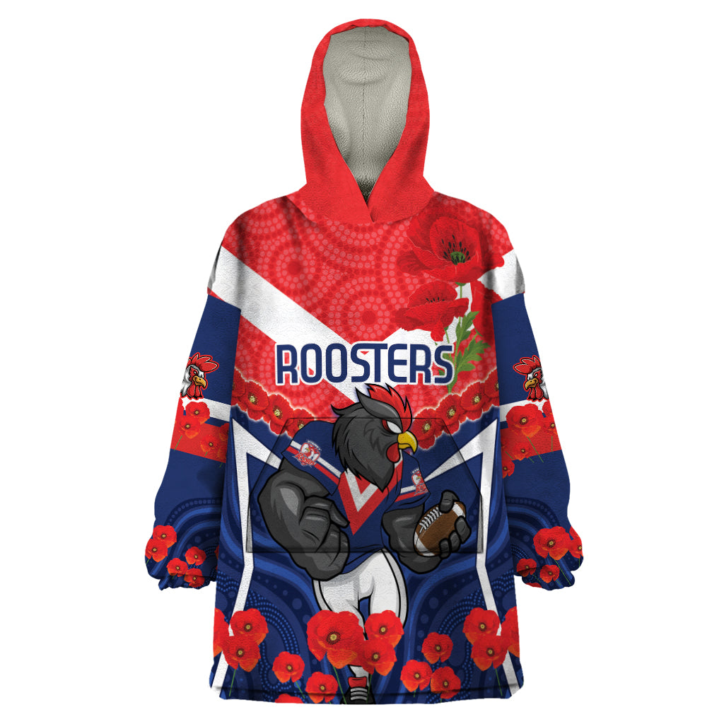 Custom Roosters Rugby ANZAC Wearable Blanket Hoodie Sydney Gallipoli Soldier With Aboriginal Art - Vibe Hoodie Shop