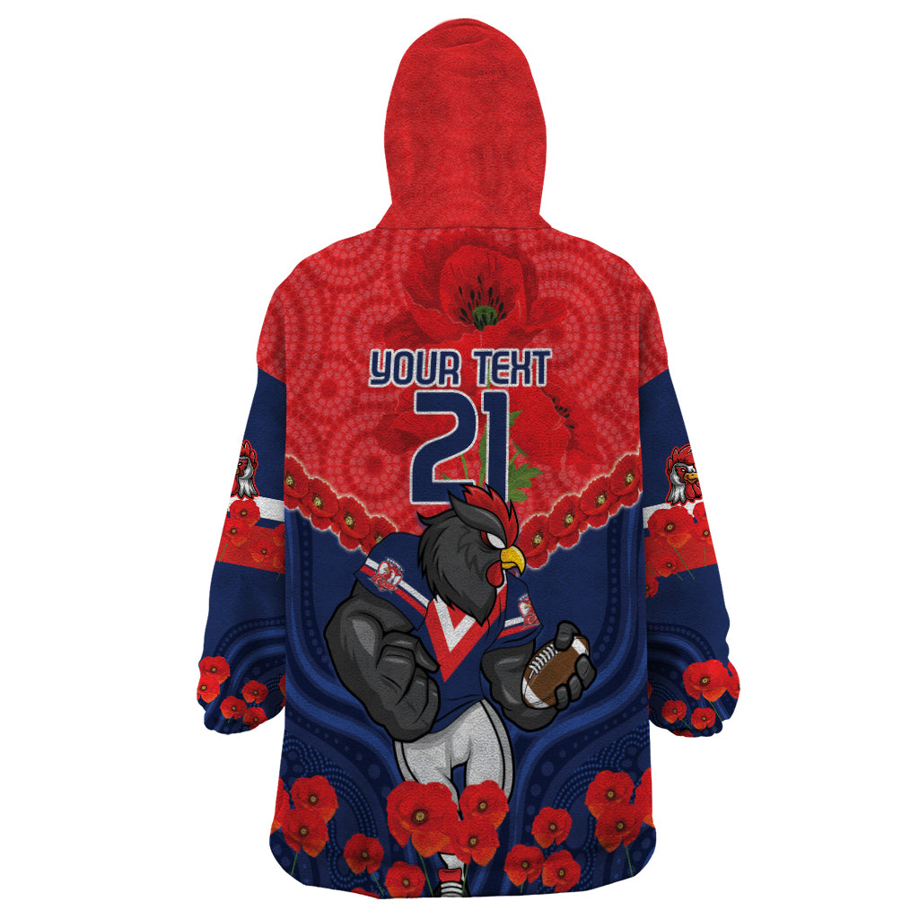 Custom Roosters Rugby ANZAC Wearable Blanket Hoodie Sydney Gallipoli Soldier With Aboriginal Art - Vibe Hoodie Shop