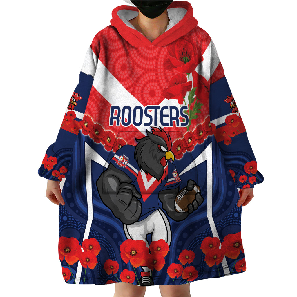 Custom Roosters Rugby ANZAC Wearable Blanket Hoodie Sydney Gallipoli Soldier With Aboriginal Art - Vibe Hoodie Shop