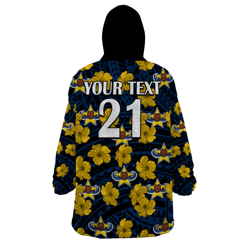 (Custom Text And Number) Cowboys Rugby Wearable Blanket Hoodie Polynesian Style With Hibiscus - Vibe Hoodie Shop