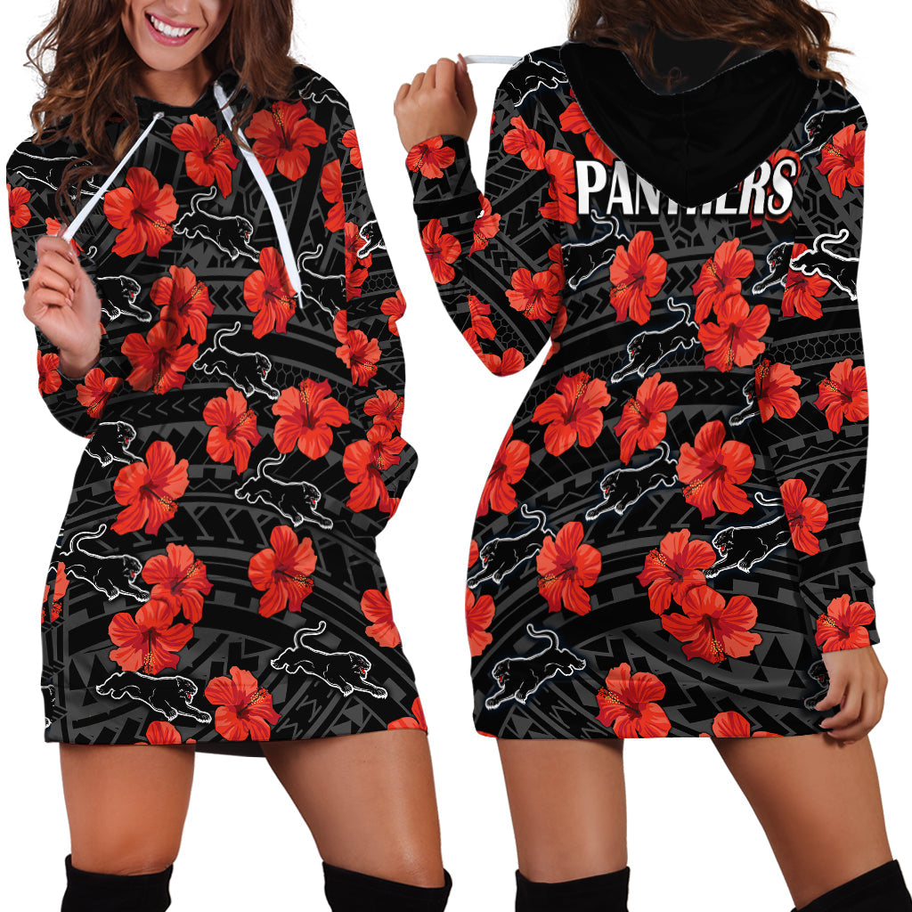 Panthers Rugby Hoodie Dress Polynesian Style With Hibiscus - Vibe Hoodie Shop