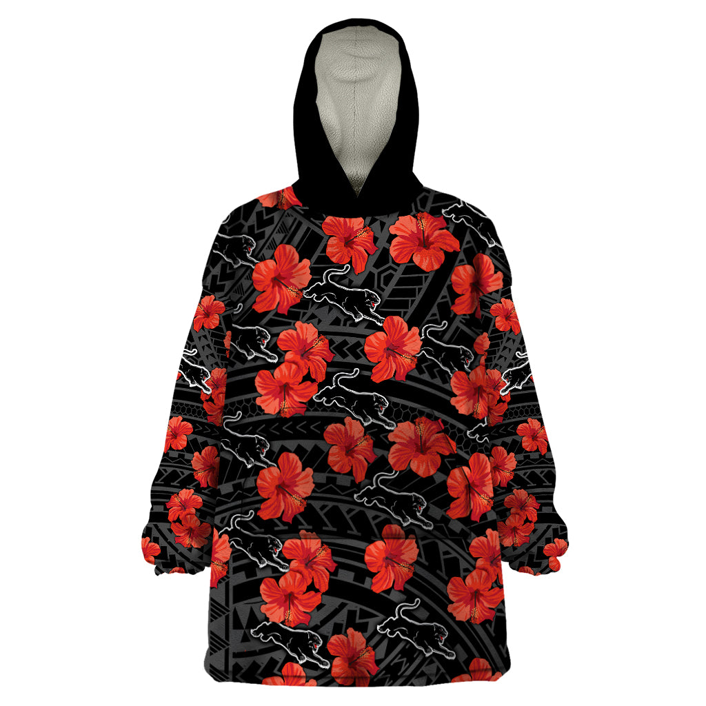 Panthers Rugby Wearable Blanket Hoodie Polynesian Style With Hibiscus - Vibe Hoodie Shop