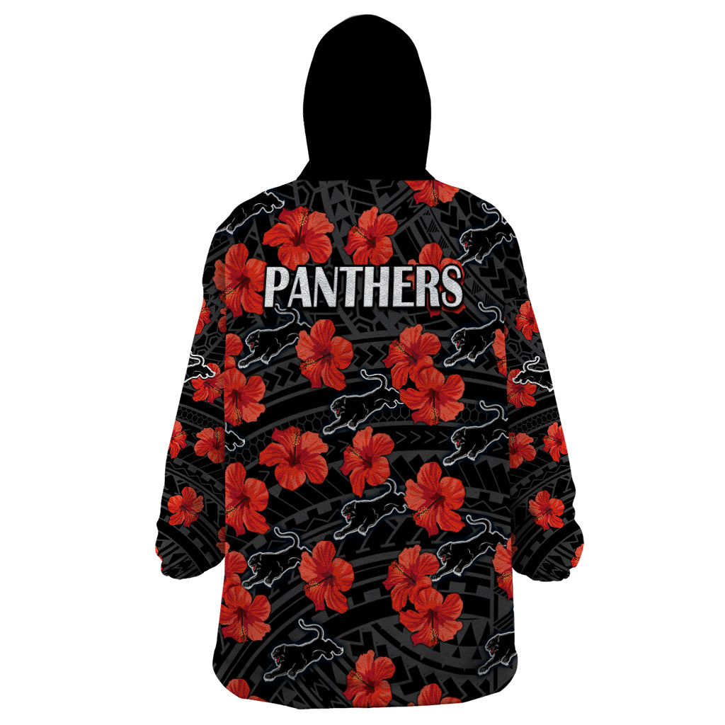 Panthers Rugby Wearable Blanket Hoodie Polynesian Style With Hibiscus - Vibe Hoodie Shop