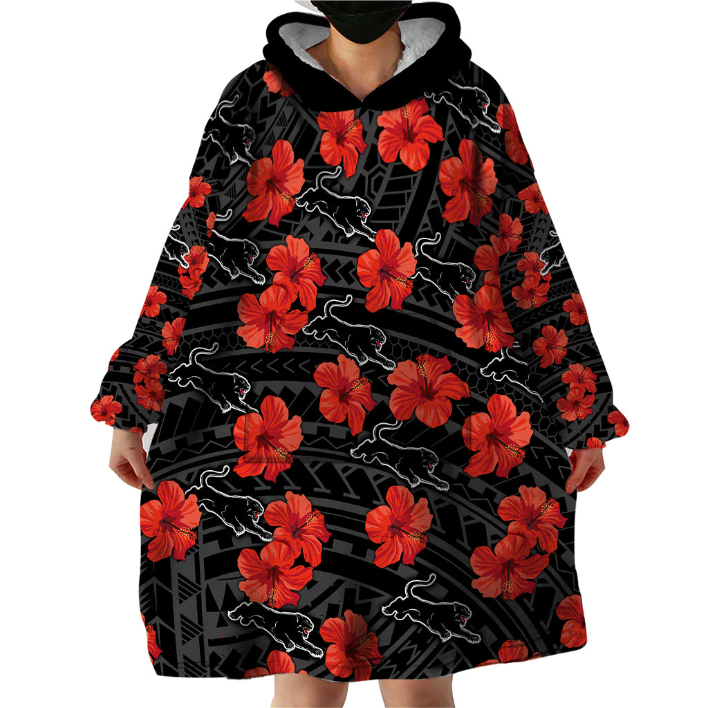 Panthers Rugby Wearable Blanket Hoodie Polynesian Style With Hibiscus - Vibe Hoodie Shop