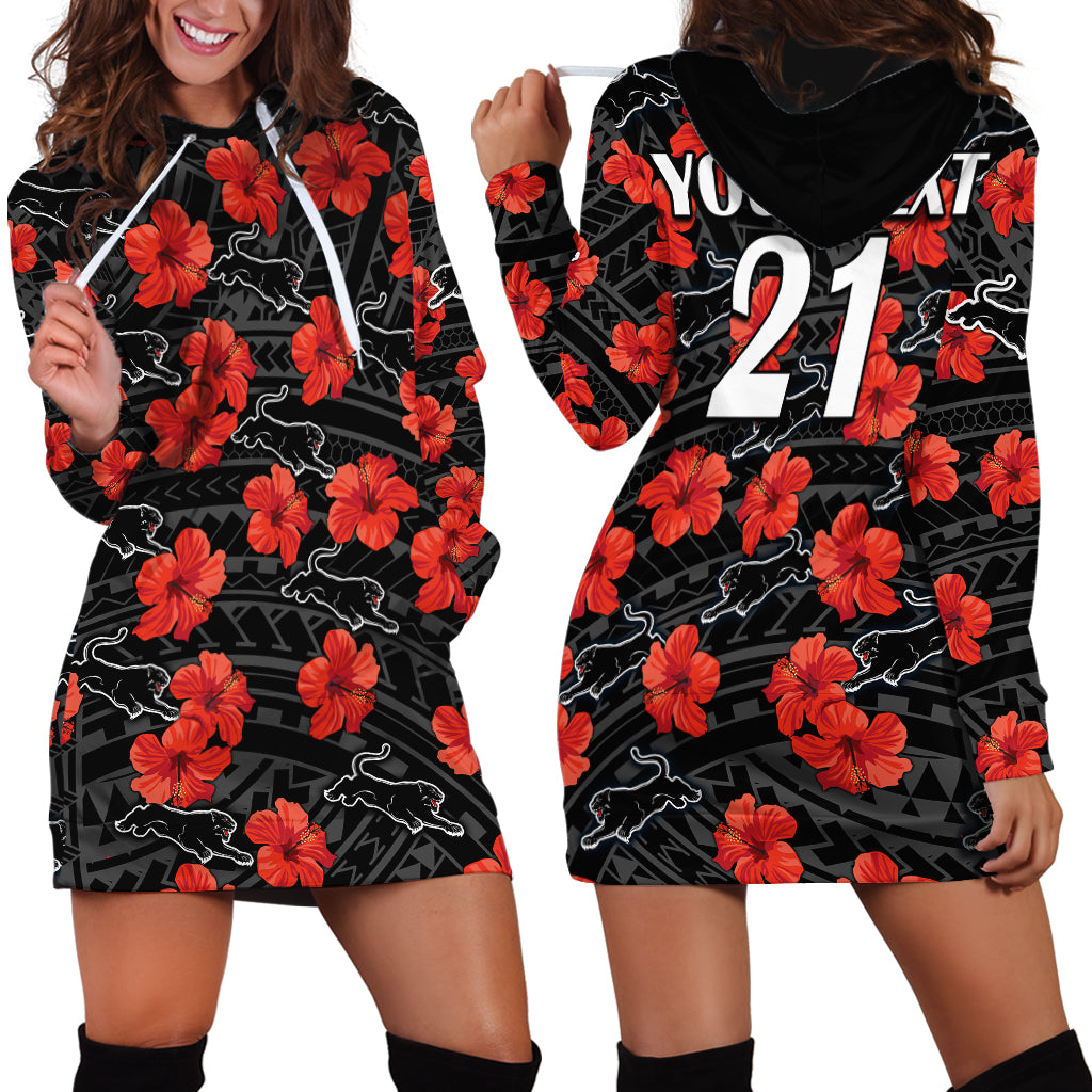 (Custom Text And Number) Panthers Rugby Hoodie Dress Polynesian Style With Hibiscus - Vibe Hoodie Shop