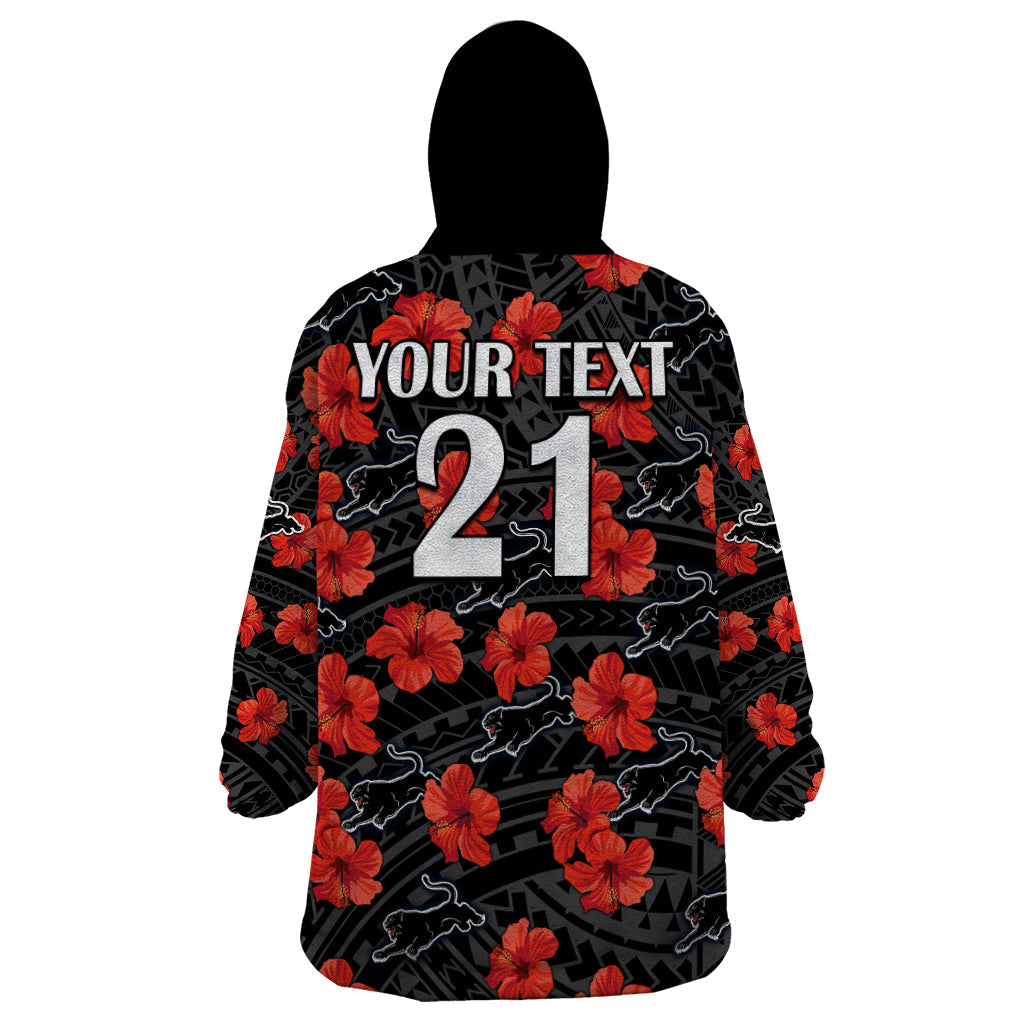 (Custom Text And Number) Panthers Rugby Wearable Blanket Hoodie Polynesian Style With Hibiscus - Vibe Hoodie Shop