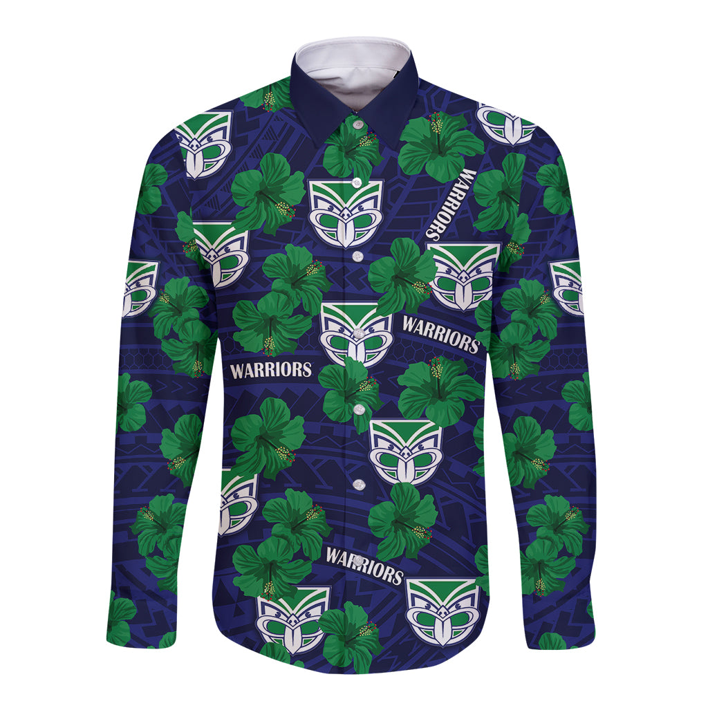 custom-text-and-number-new-zealand-warriors-rugby-long-sleeve-button-shirt-polynesian-style-with-hibiscus