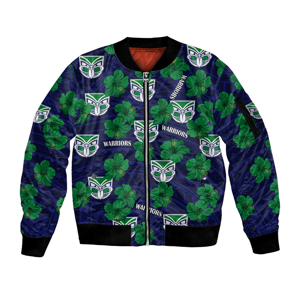 custom-text-and-number-new-zealand-warriors-rugby-sleeve-zip-bomber-jacket-polynesian-style-with-hibiscus