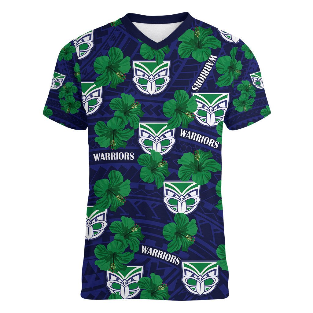 custom-text-and-number-new-zealand-warriors-rugby-women-v-neck-t-shirt-polynesian-style-with-hibiscus