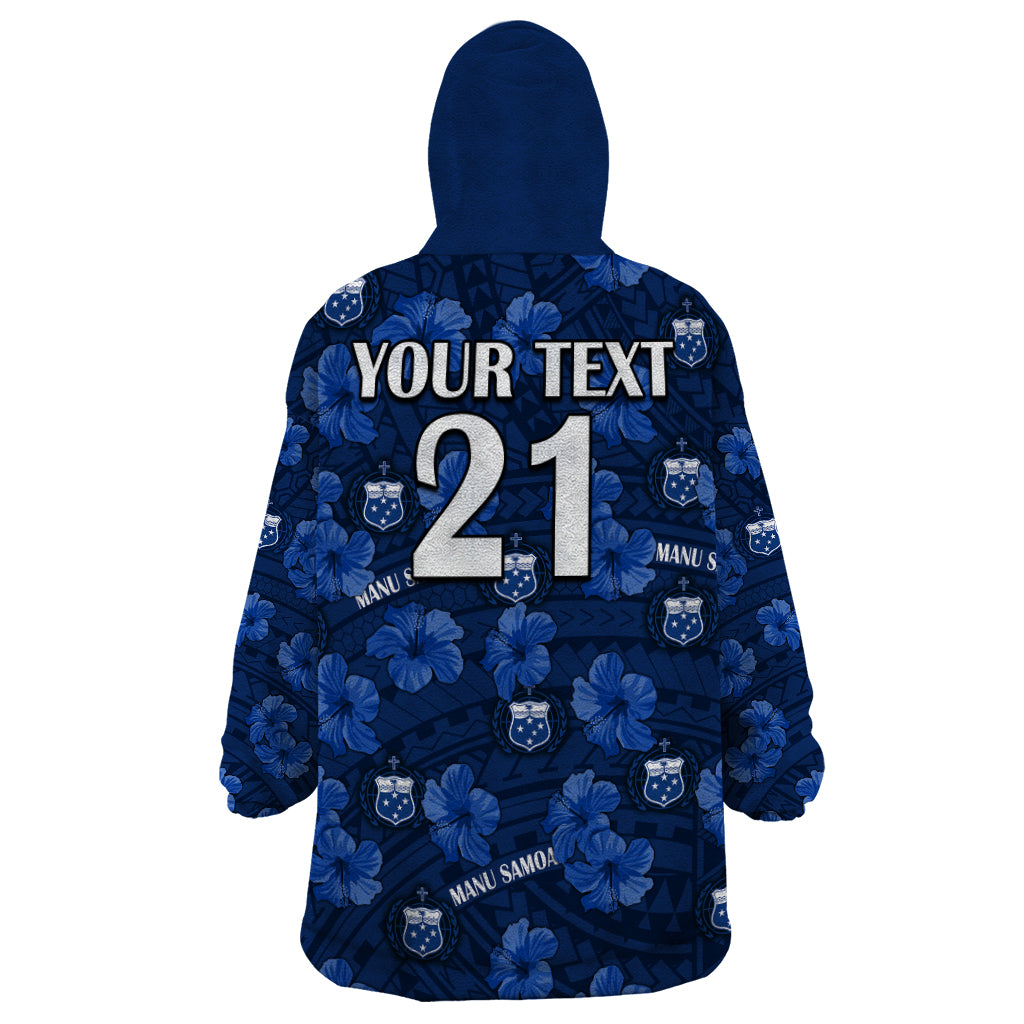 (Custom Text And Number) Manu Samoa Rugby Wearable Blanket Hoodie Polynesian Style With Hibiscus - Vibe Hoodie Shop