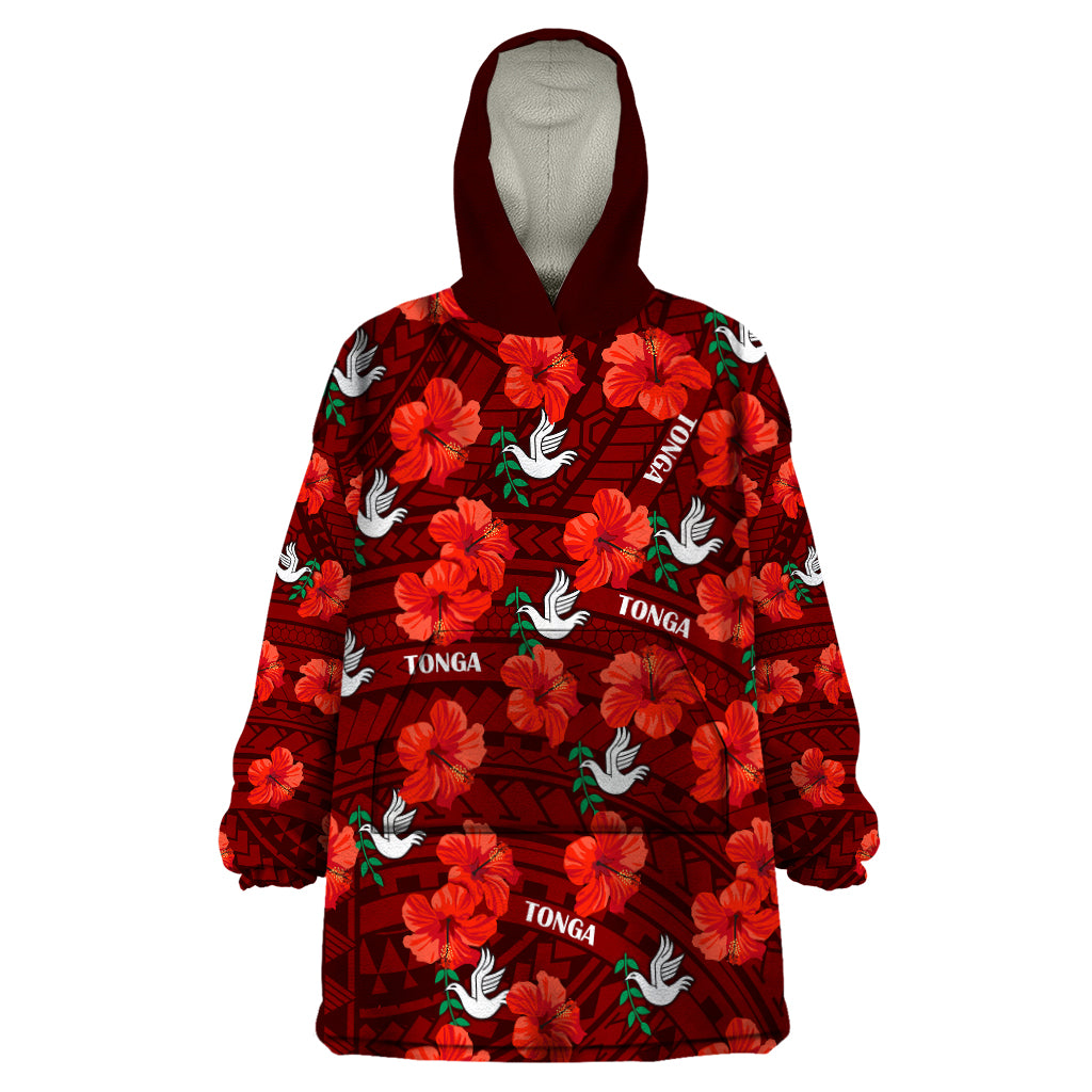 Tonga Rugby Wearable Blanket Hoodie Polynesian Style With Hibiscus - Vibe Hoodie Shop