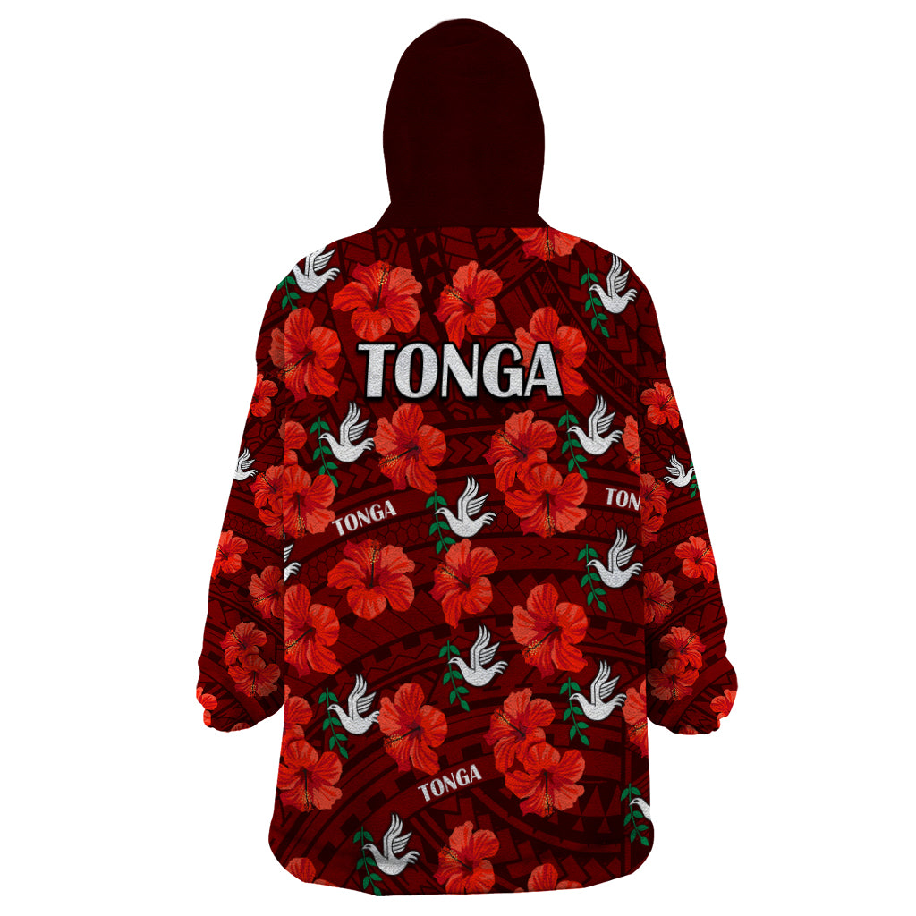 Tonga Rugby Wearable Blanket Hoodie Polynesian Style With Hibiscus - Vibe Hoodie Shop