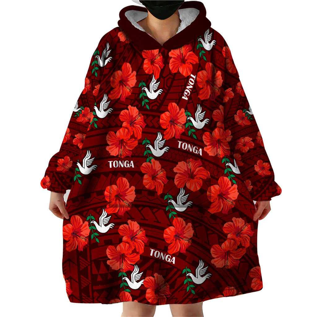 Tonga Rugby Wearable Blanket Hoodie Polynesian Style With Hibiscus - Vibe Hoodie Shop