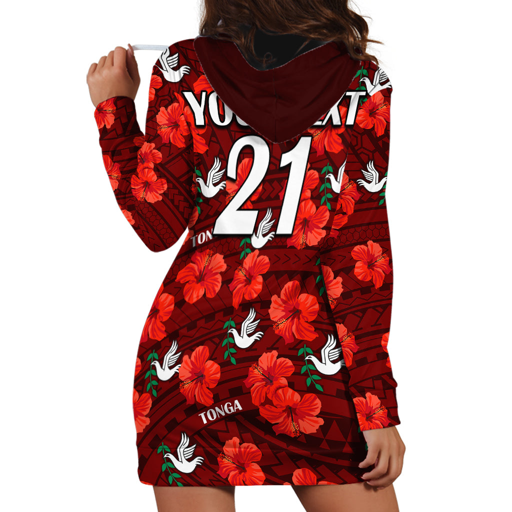 (Custom Text And Number) Tonga Rugby Hoodie Dress Polynesian Style With Hibiscus - Vibe Hoodie Shop