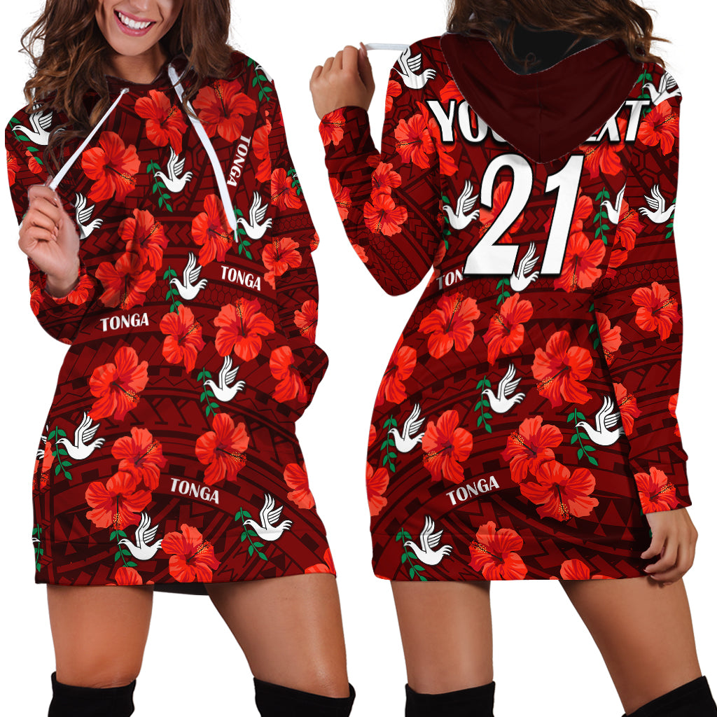 (Custom Text And Number) Tonga Rugby Hoodie Dress Polynesian Style With Hibiscus - Vibe Hoodie Shop