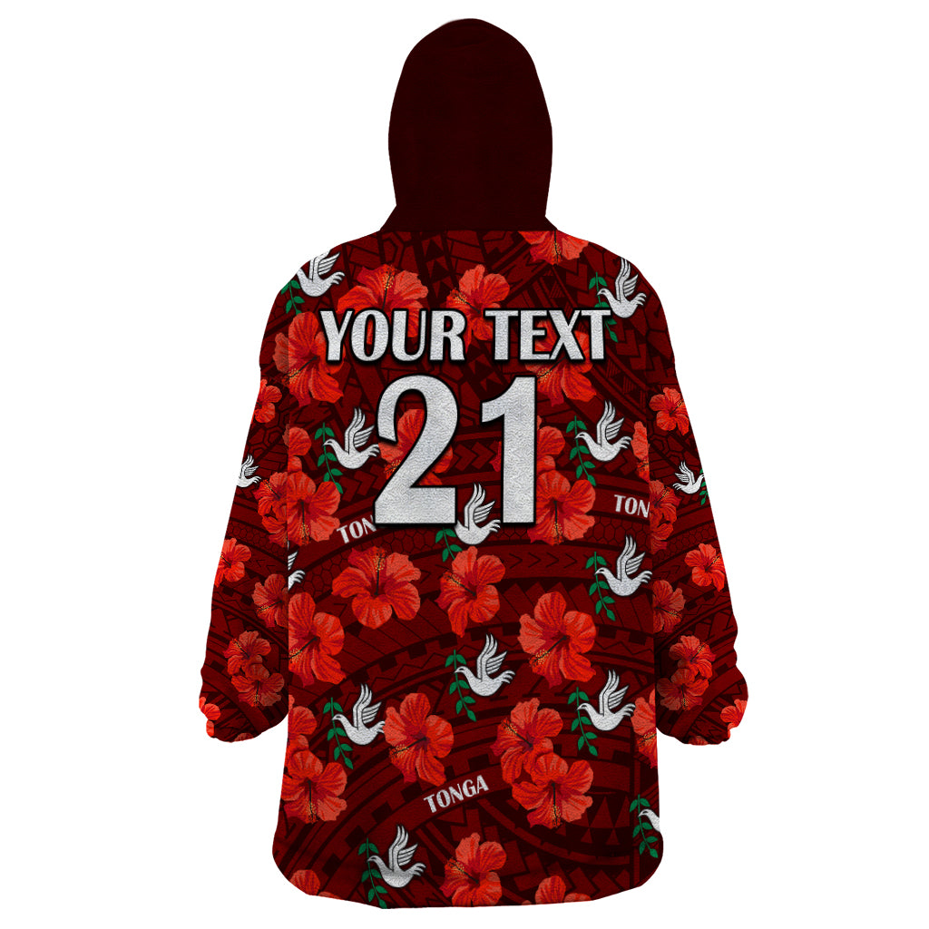 (Custom Text And Number) Tonga Rugby Wearable Blanket Hoodie Polynesian Style With Hibiscus - Vibe Hoodie Shop