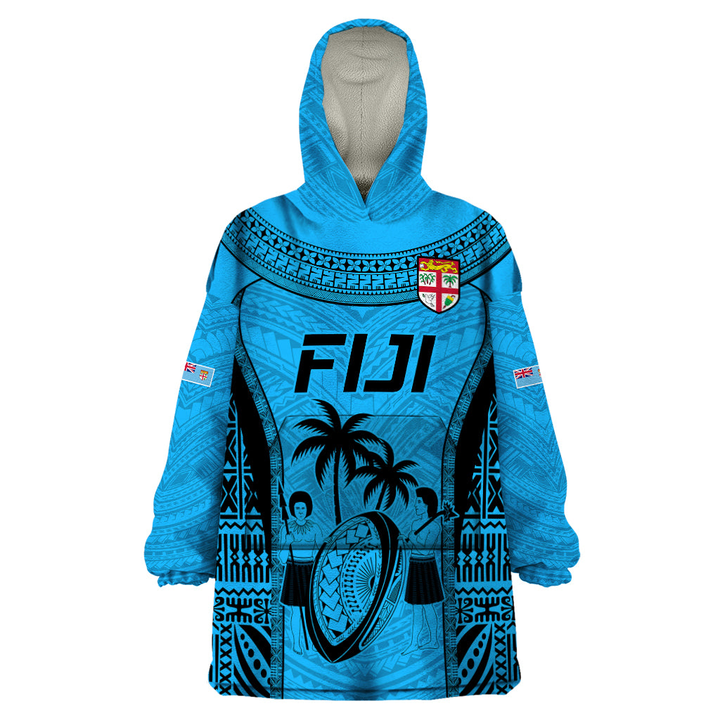 Fiji Rugby Wearable Blanket Hoodie Go Champions World Cup 2023 Tapa Unique Blue Vibe - Vibe Hoodie Shop