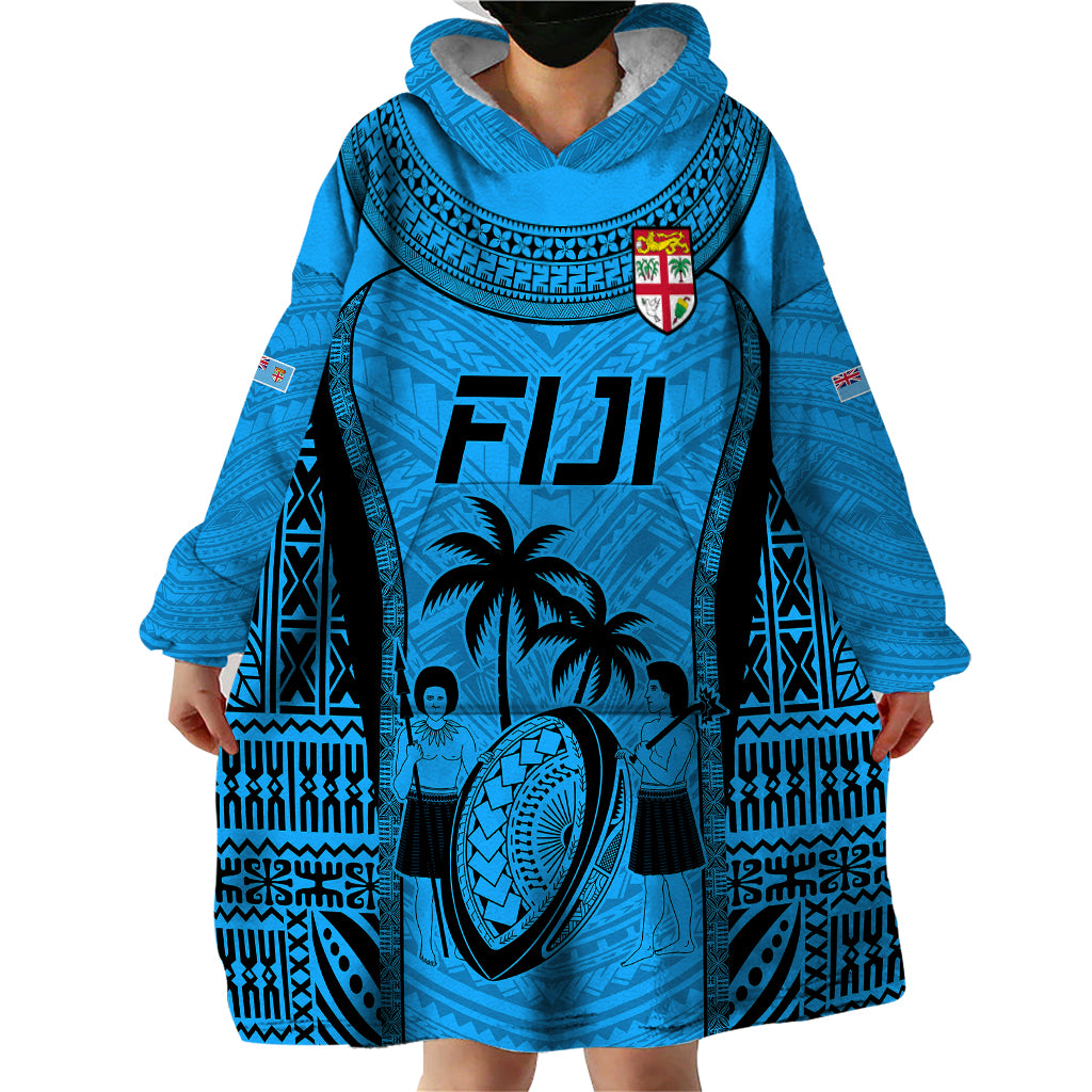 Fiji Rugby Wearable Blanket Hoodie Go Champions World Cup 2023 Tapa Unique Blue Vibe - Vibe Hoodie Shop