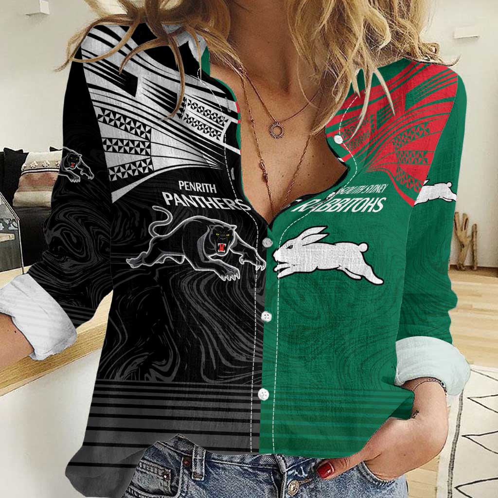 Custom Rabbitohs-Panthers Women Casual Shirt NRL Tribal Half Style - Vibe Hoodie Shop