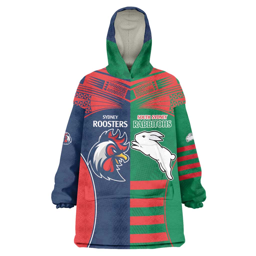 Custom Roosters-Rabbitohs Wearable Blanket Hoodie NRL Tribal Half Style - Vibe Hoodie Shop