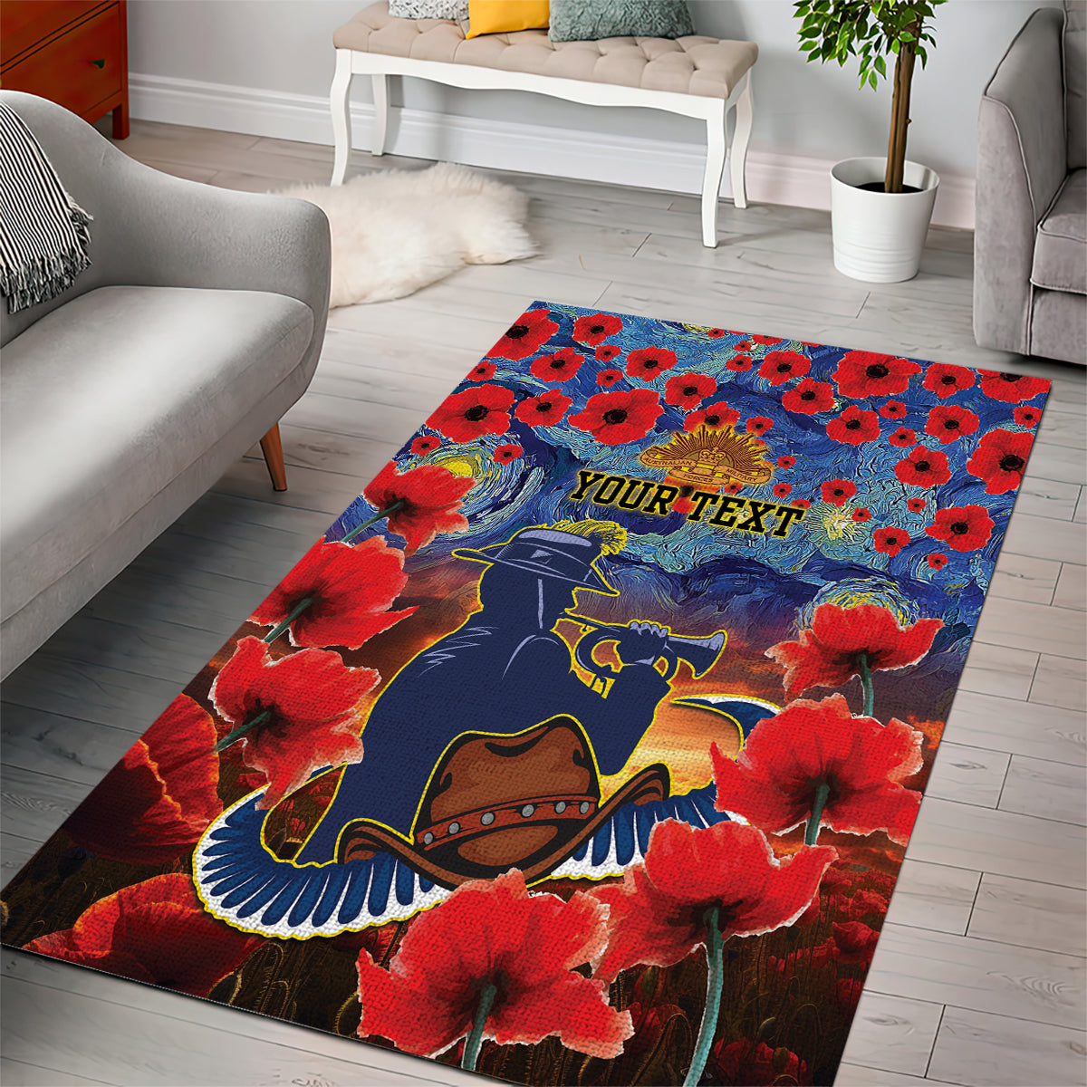 Personalised Cowboys Rugby ANZAC Area Rug Starry Night and Field of Poppies - Vibe Hoodie Shop