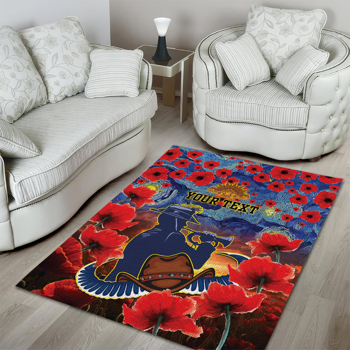 Personalised Cowboys Rugby ANZAC Area Rug Starry Night and Field of Poppies - Vibe Hoodie Shop