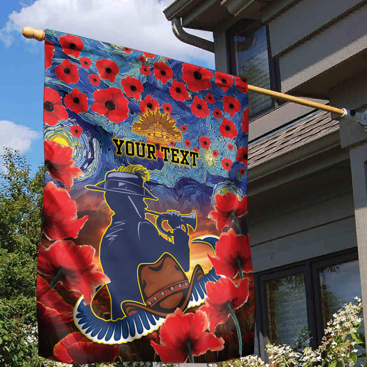 Personalised Cowboys Rugby ANZAC Garden Flag Starry Night and Field of Poppies - Vibe Hoodie Shop