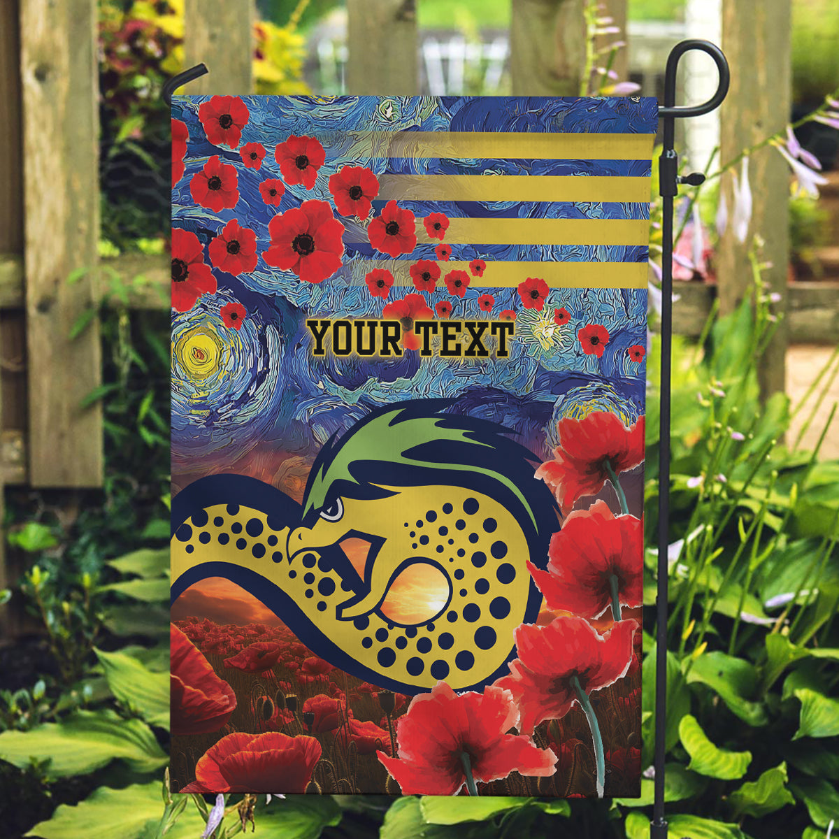 Personalised Eels Rugby ANZAC Garden Flag Starry Night and Field of Poppies - Vibe Hoodie Shop