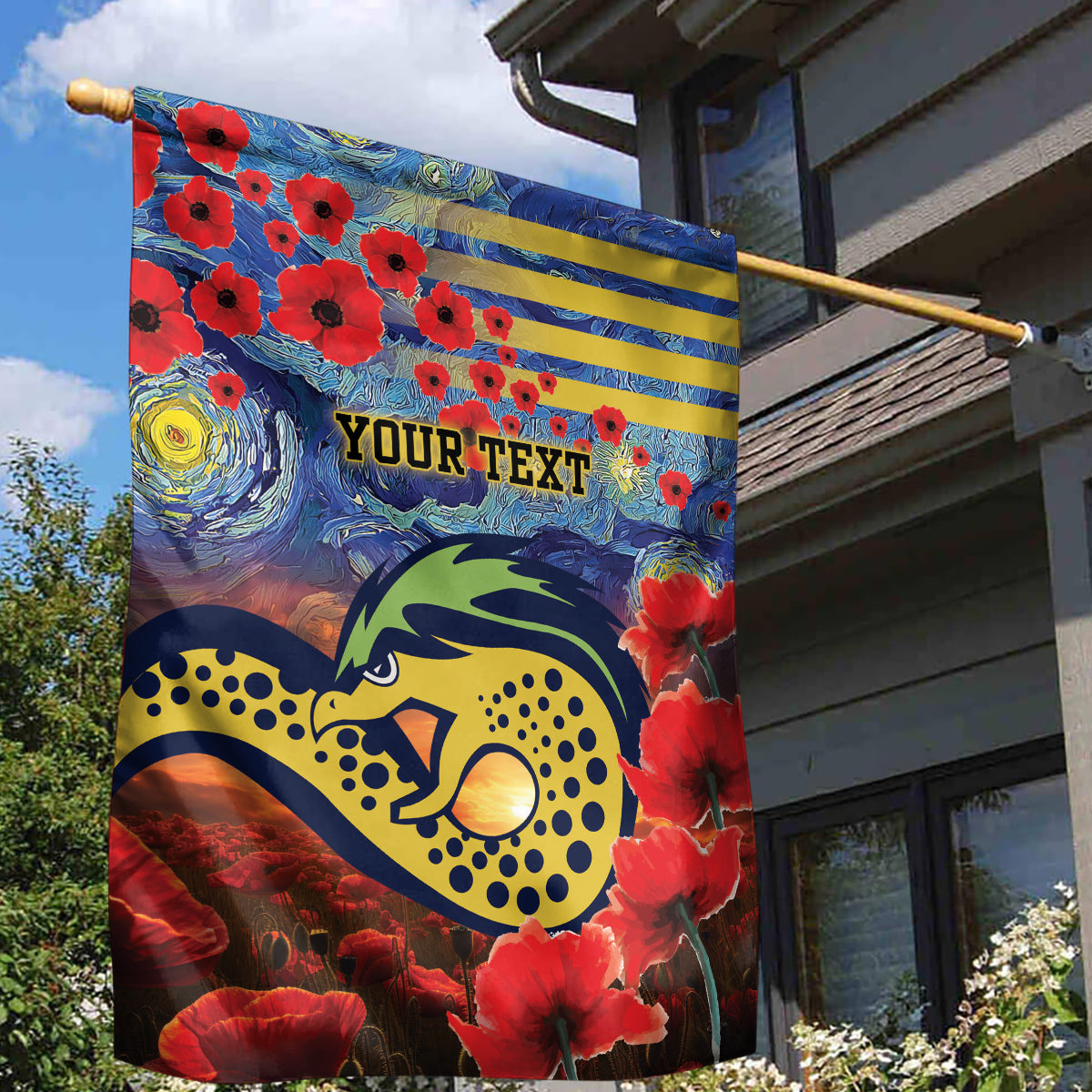 Personalised Eels Rugby ANZAC Garden Flag Starry Night and Field of Poppies - Vibe Hoodie Shop