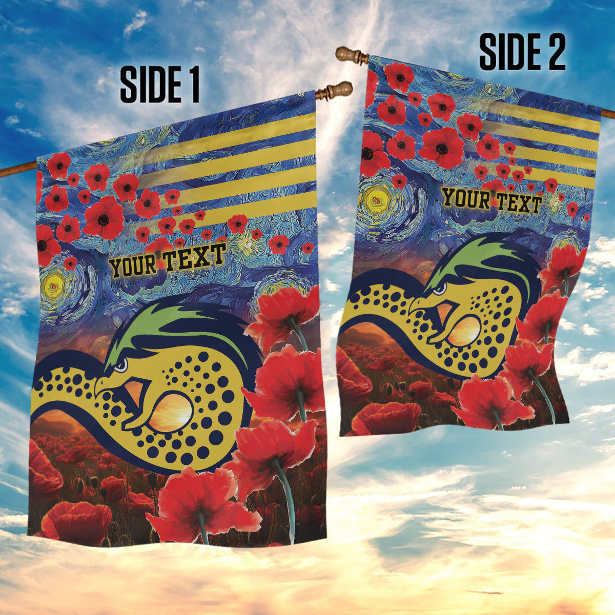 Personalised Eels Rugby ANZAC Garden Flag Starry Night and Field of Poppies - Vibe Hoodie Shop