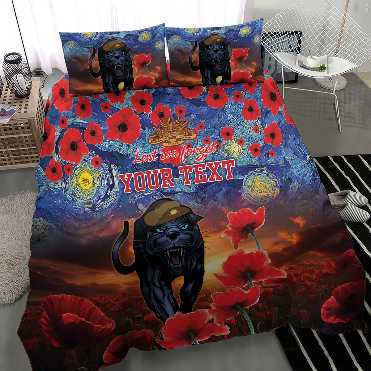 Personalised Panthers Rugby ANZAC Bedding Set Starry Night and Field of Poppies - Vibe Hoodie Shop