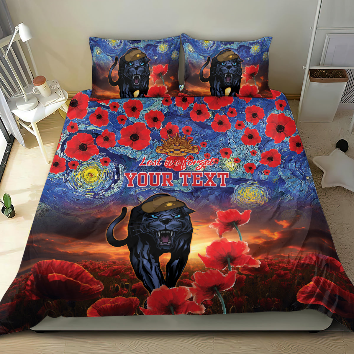 Personalised Panthers Rugby ANZAC Bedding Set Starry Night and Field of Poppies - Vibe Hoodie Shop