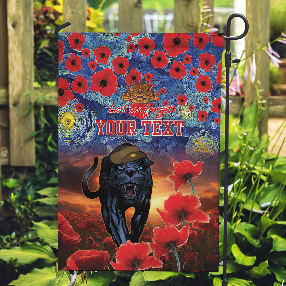 Personalised Panthers Rugby ANZAC Garden Flag Starry Night and Field of Poppies - Vibe Hoodie Shop