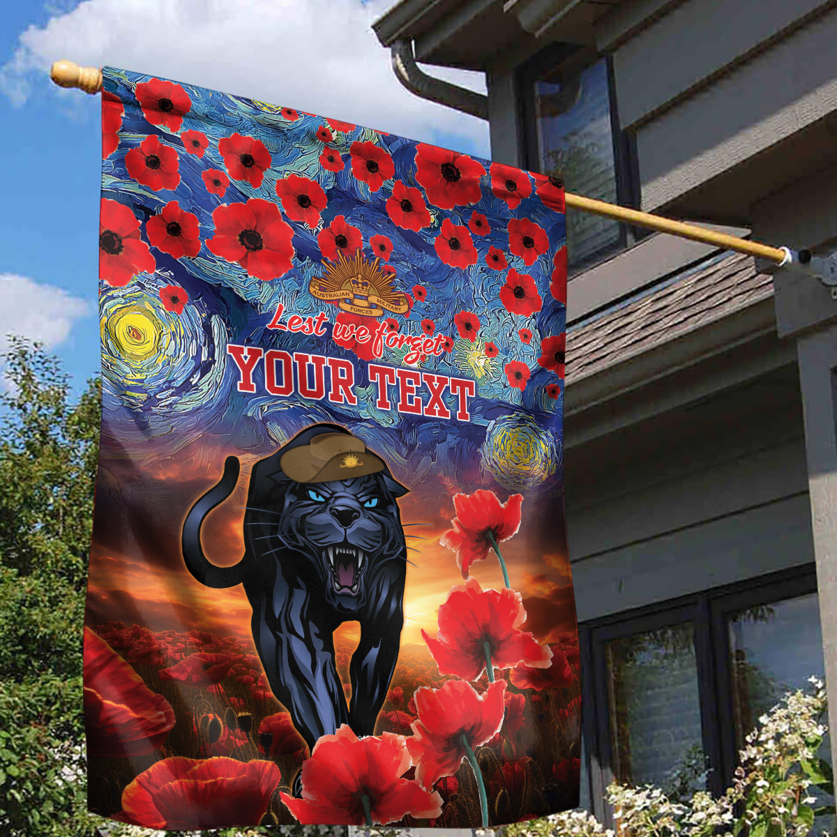 Personalised Panthers Rugby ANZAC Garden Flag Starry Night and Field of Poppies - Vibe Hoodie Shop