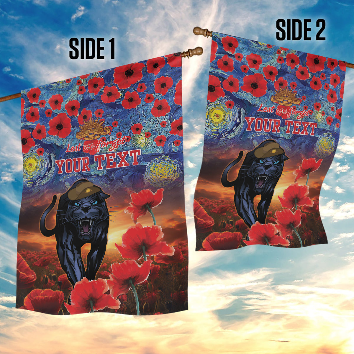 Personalised Panthers Rugby ANZAC Garden Flag Starry Night and Field of Poppies - Vibe Hoodie Shop