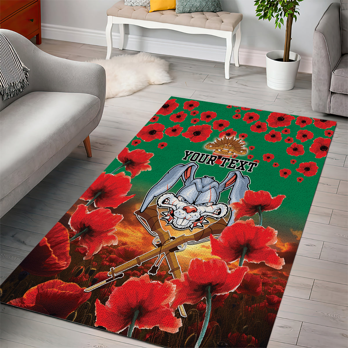 Personalised Rabbitohs Rugby ANZAC Area Rug Starry Night and Field of Poppies - Vibe Hoodie Shop