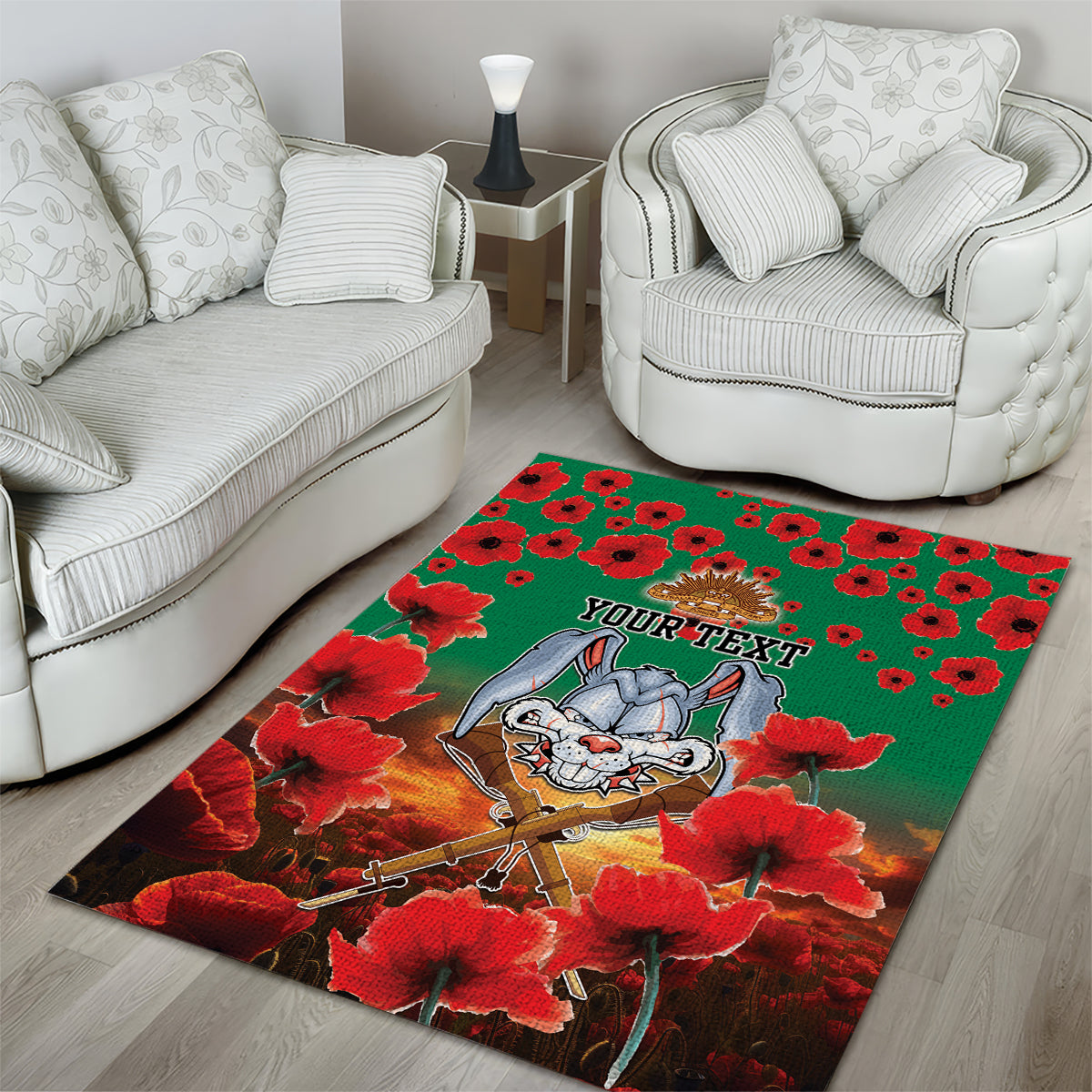 Personalised Rabbitohs Rugby ANZAC Area Rug Starry Night and Field of Poppies - Vibe Hoodie Shop