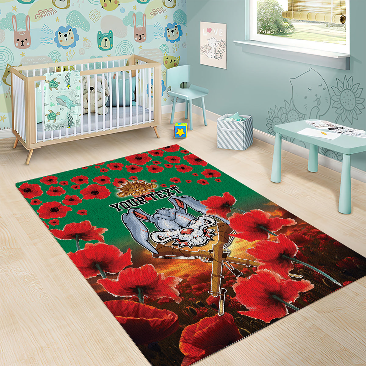 Personalised Rabbitohs Rugby ANZAC Area Rug Starry Night and Field of Poppies - Vibe Hoodie Shop