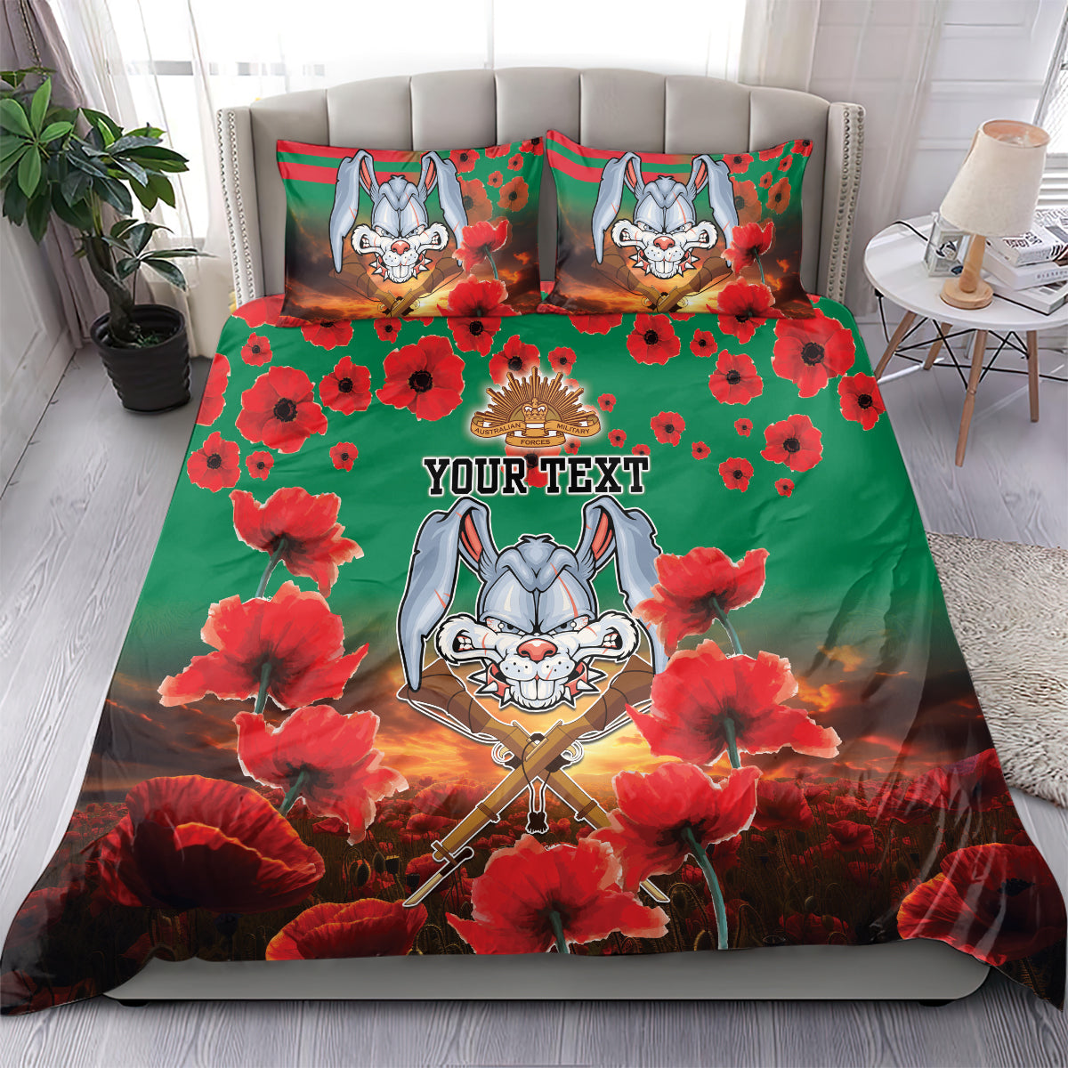 Personalised Rabbitohs Rugby ANZAC Bedding Set Starry Night and Field of Poppies - Vibe Hoodie Shop