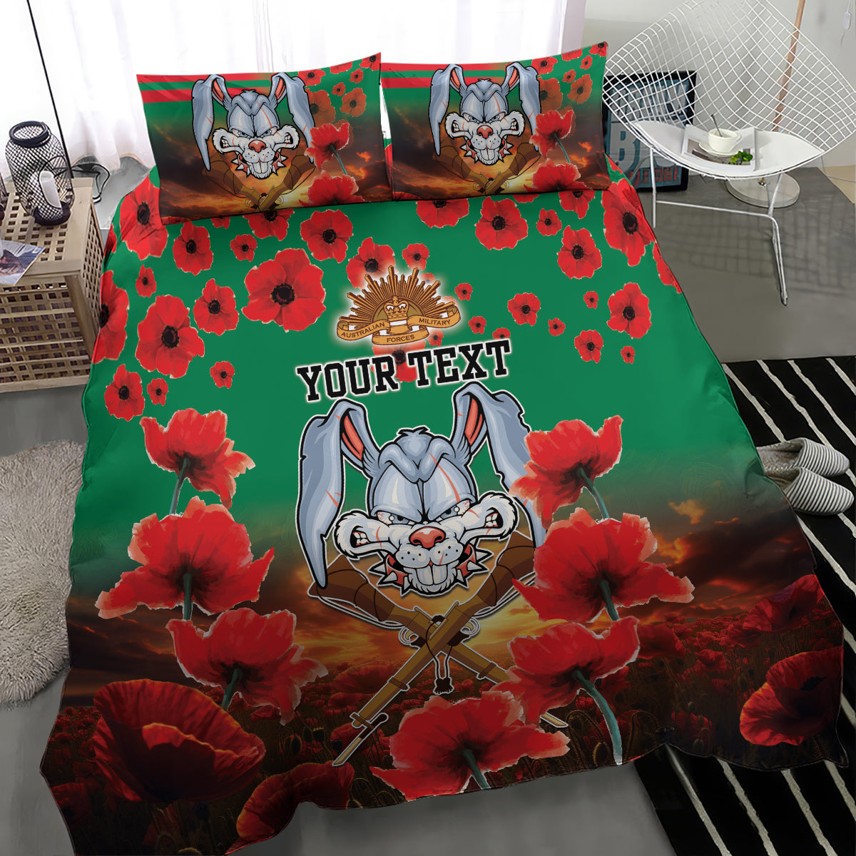 Personalised Rabbitohs Rugby ANZAC Bedding Set Starry Night and Field of Poppies - Vibe Hoodie Shop