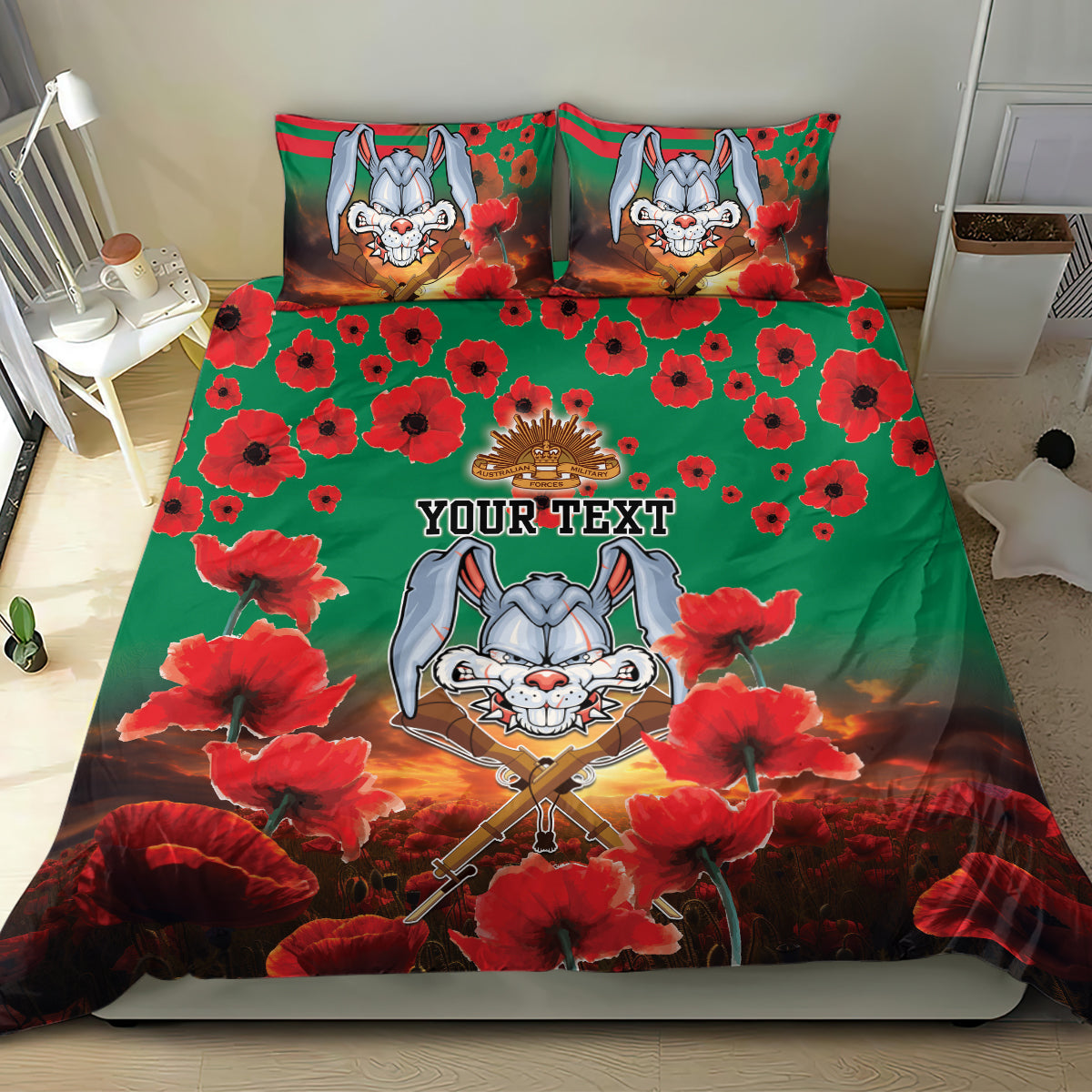 Personalised Rabbitohs Rugby ANZAC Bedding Set Starry Night and Field of Poppies - Vibe Hoodie Shop