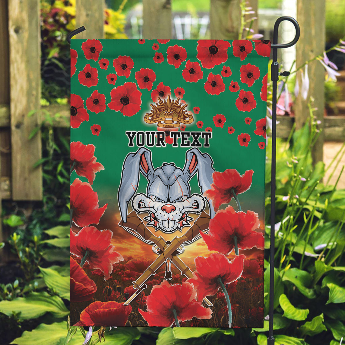 Personalised Rabbitohs Rugby ANZAC Garden Flag Starry Night and Field of Poppies - Vibe Hoodie Shop