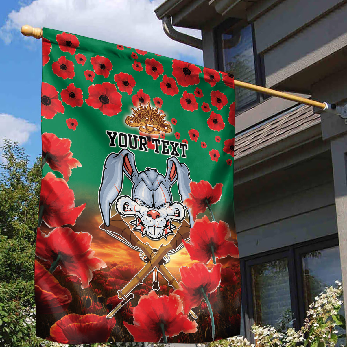 Personalised Rabbitohs Rugby ANZAC Garden Flag Starry Night and Field of Poppies - Vibe Hoodie Shop