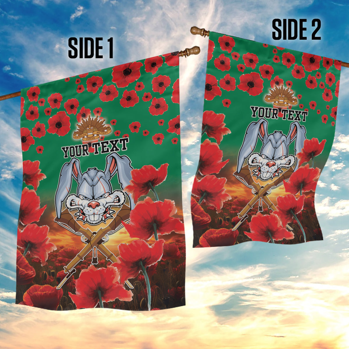 Personalised Rabbitohs Rugby ANZAC Garden Flag Starry Night and Field of Poppies - Vibe Hoodie Shop