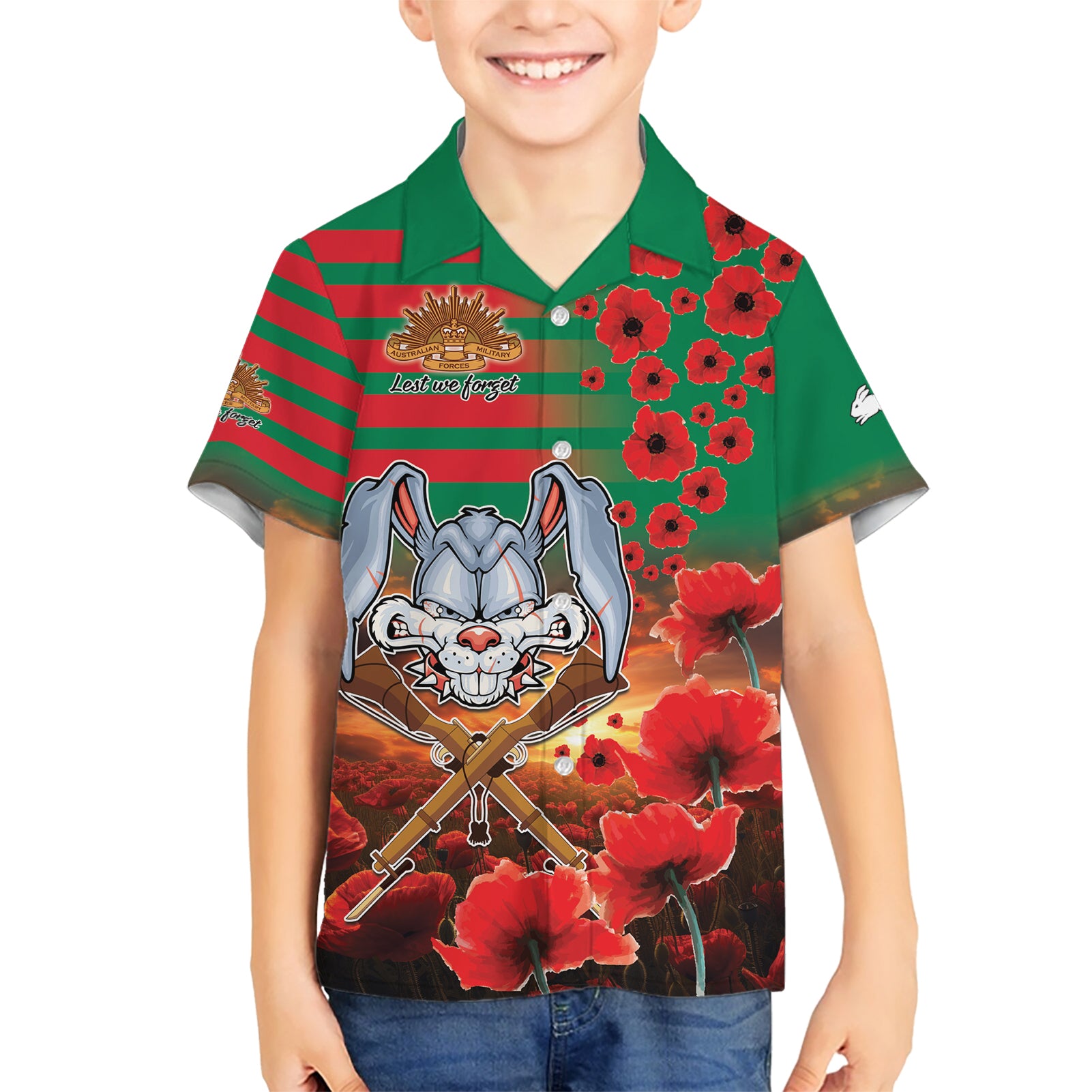 Personalised Rabbitohs Rugby ANZAC Hawaiian Shirt Starry Night and Field of Poppies - Vibe Hoodie Shop