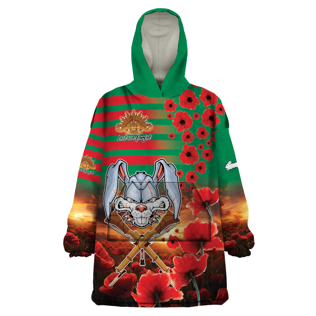 Personalised Rabbitohs Rugby ANZAC Wearable Blanket Hoodie Starry Night and Field of Poppies - Vibe Hoodie Shop