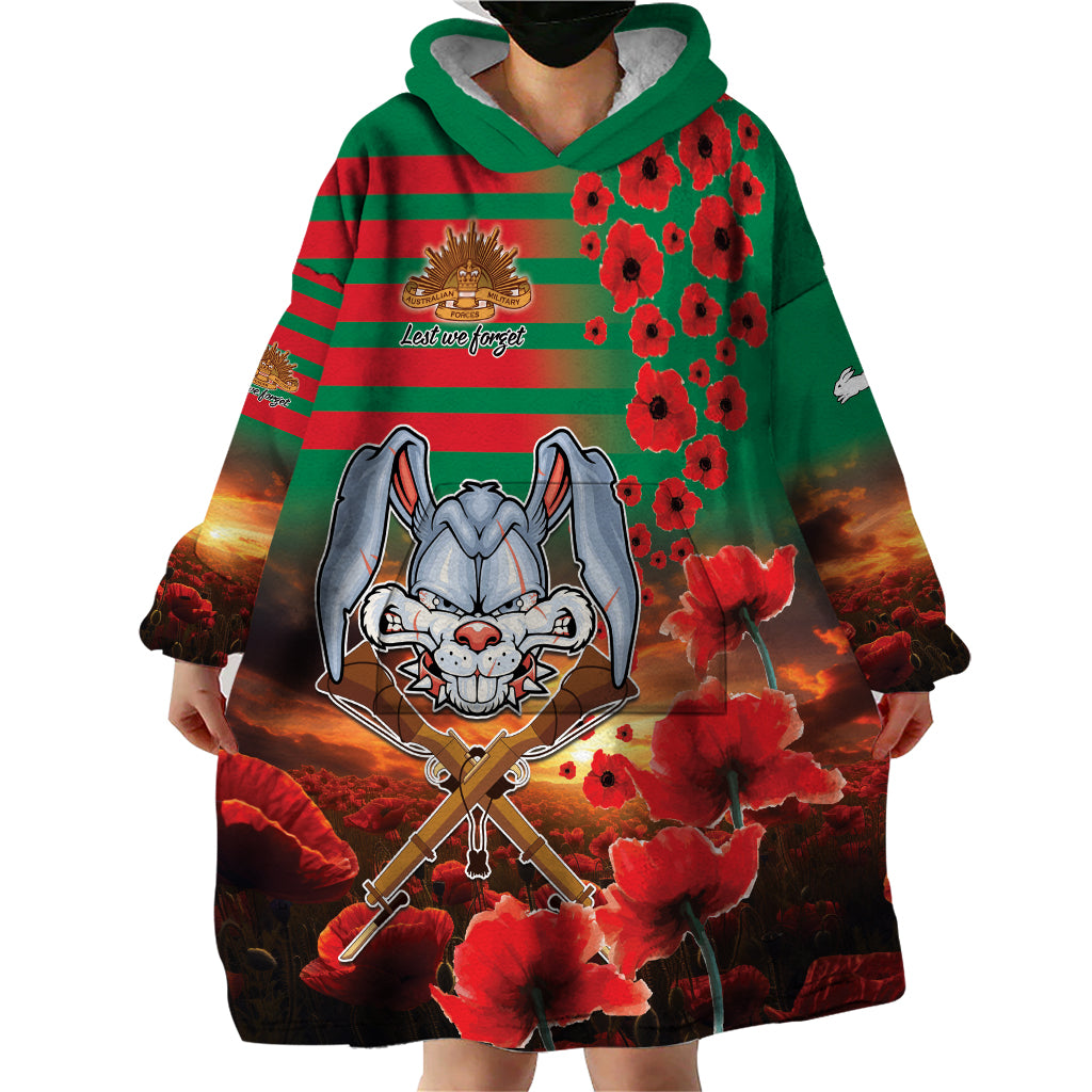 Personalised Rabbitohs Rugby ANZAC Wearable Blanket Hoodie Starry Night and Field of Poppies - Vibe Hoodie Shop